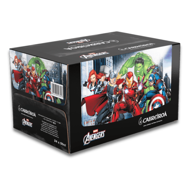 Pack agua mineral edición Los Vengadores de Marvel de Cabreiroá , 24 botellas de 50 cl