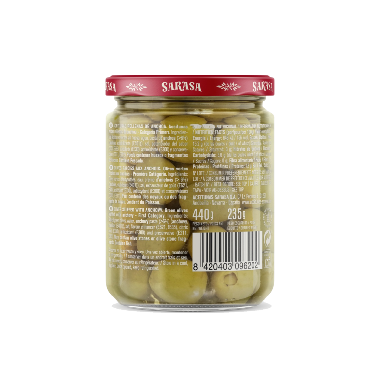 Aceitunas rellenas de anchoas de Sarasa, 440 g