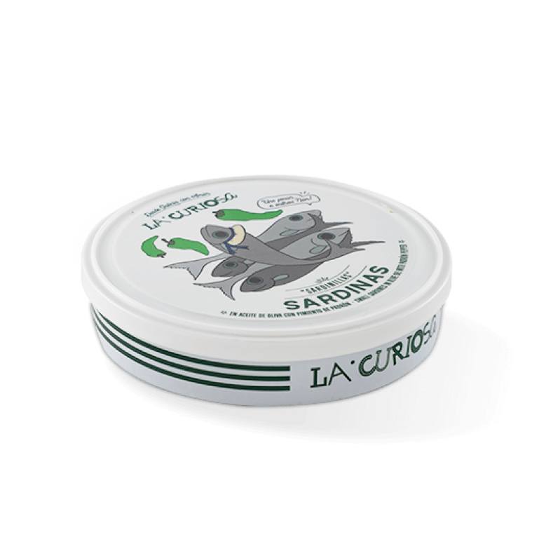 Sardinas en AOVE con pimientos de Padrón de La Curiosa, lata 115 g