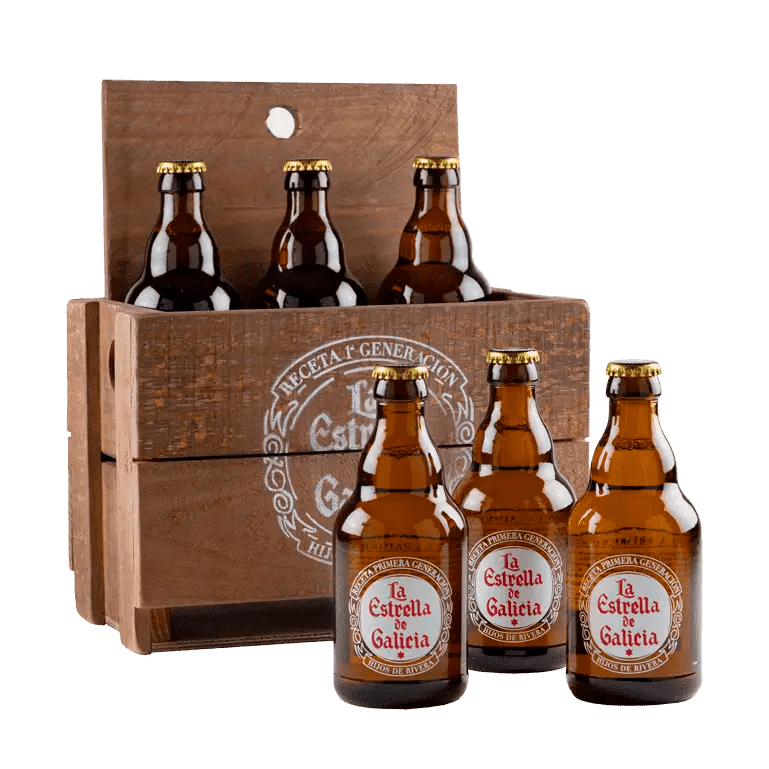 Pack caja madera rústica y la Estrella de Galicia, 6 botellas formato original