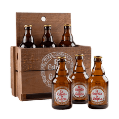 Pack caja madera rústica y la Estrella de Galicia, 6 botellas formato original