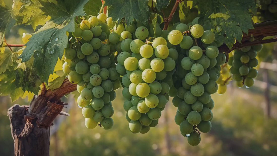 Varios racimos de uvas verdes en un viñedo para la producción de vino blanco.