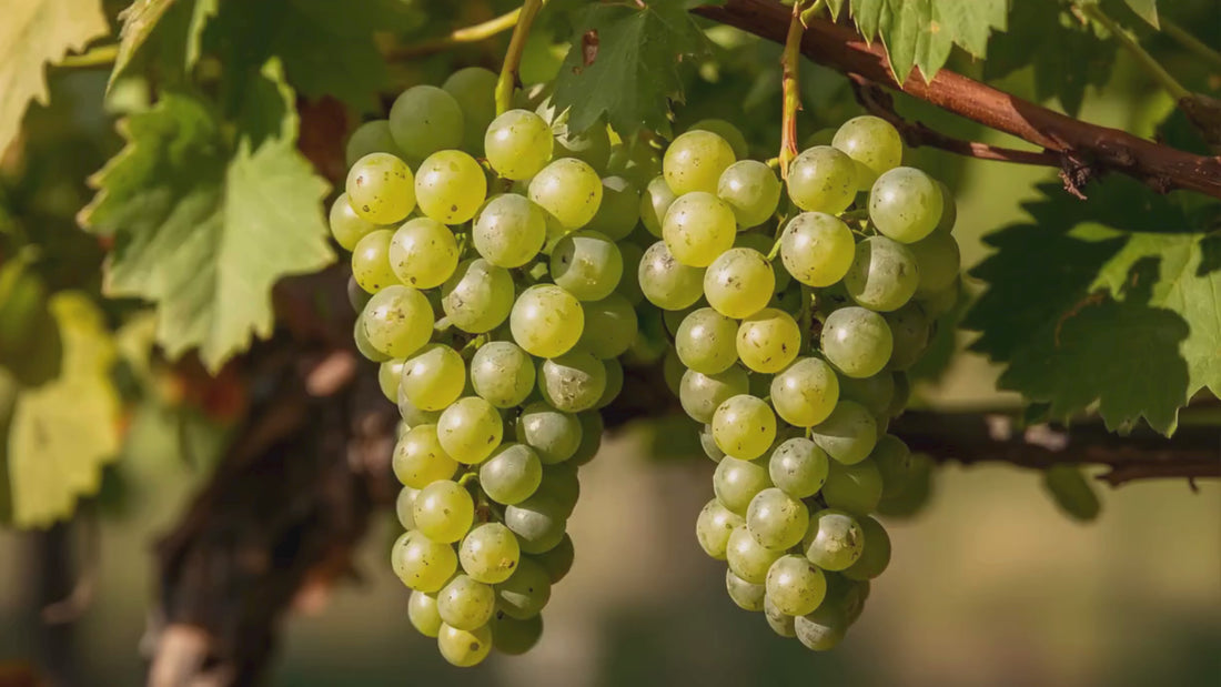 Dos racimos de uvas verdes en un viñedo para la producción de vino blanco.