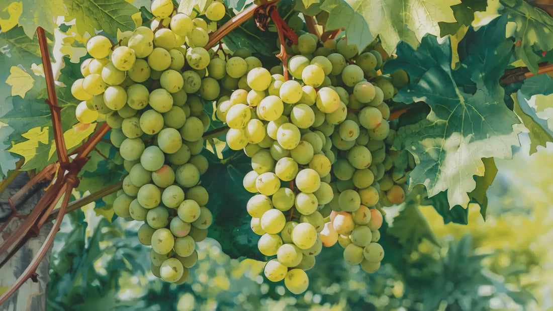 Racimos de uvas verdes en un viñedo para la preparación de botellas de vino